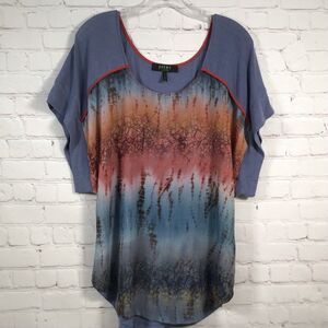 Poeme Citron Colorful Chiffon Panel Short Sleeve Blouse Womans Large Scoop Neck